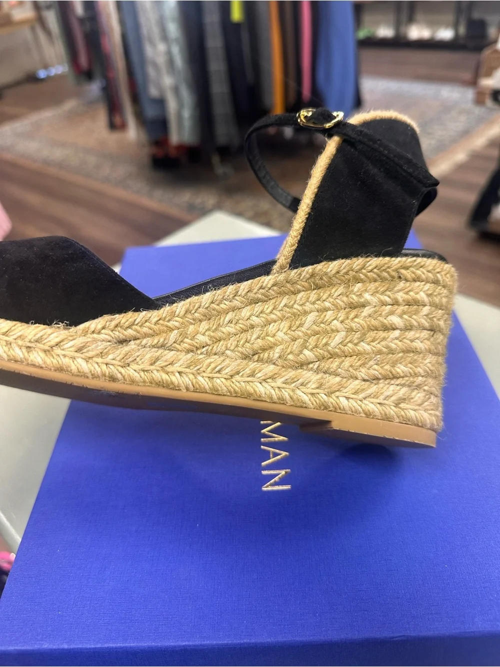 Stuart Weitzman Dayna Suede Espadrille Wedges black leather and jute size 10.5
